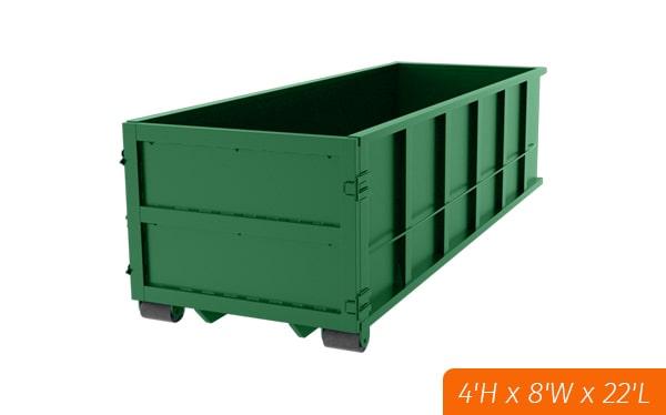 the twenty yard dumpsters measure 20 feet in length, 8 feet in width, and 5 feet in height